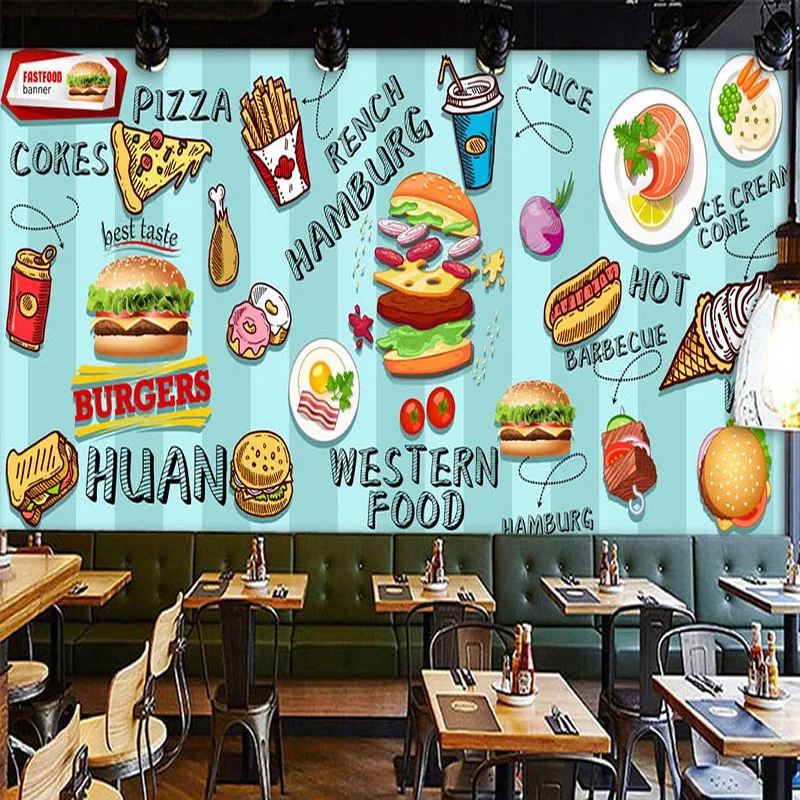 Food Snacks With Fiber - Maßgefertigte 3D-Tapete Handgemaltes Hamburg Fast-Food-Restaurant Snackbar