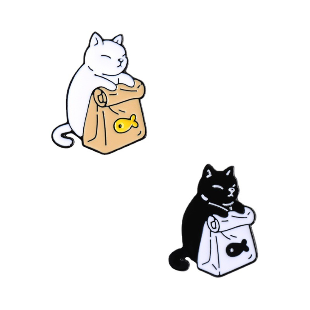 Food Snacks That Are Black - Niedliches schwarz-weißes Katzen-Tierabzeichen, Katzenfutter-förmige Legierung, Zubehör,